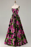 Load image into Gallery viewer, Black Strapless Floral A-Line Long Corset Prom Dress