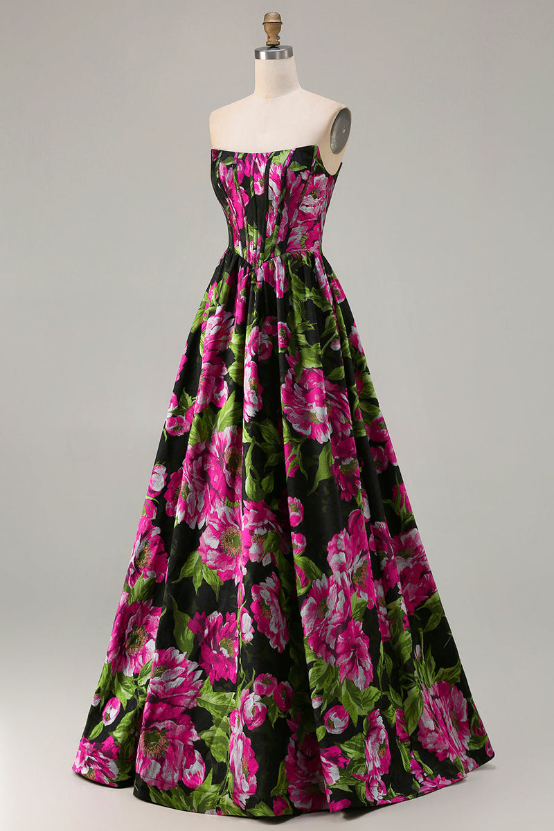 Load image into Gallery viewer, Black Strapless Floral A-Line Long Corset Prom Dress