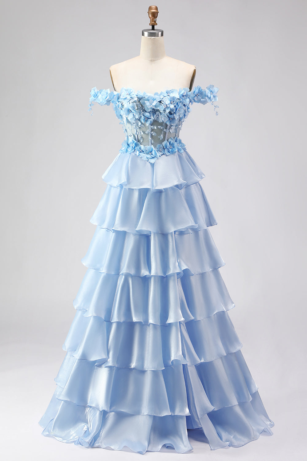 Light Blue Floral Off the Shoulder A-Line Long Prom Dress with Ruffles