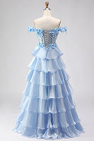 Load image into Gallery viewer, Light Blue Floral Off the Shoulder A-Line Long Prom Dress with Ruffles