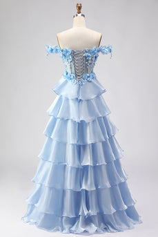 Light Blue Floral Off the Shoulder A-Line Long Prom Dress with Ruffles