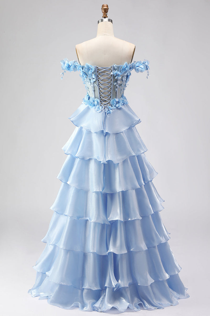 Load image into Gallery viewer, Light Blue Floral Off the Shoulder A-Line Long Prom Dress with Ruffles