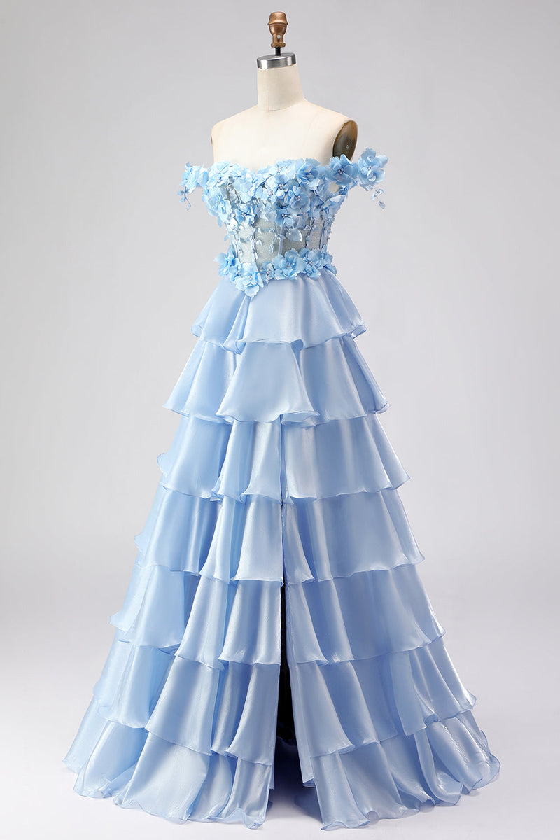 Load image into Gallery viewer, Light Blue Floral Off the Shoulder A-Line Long Prom Dress with Ruffles