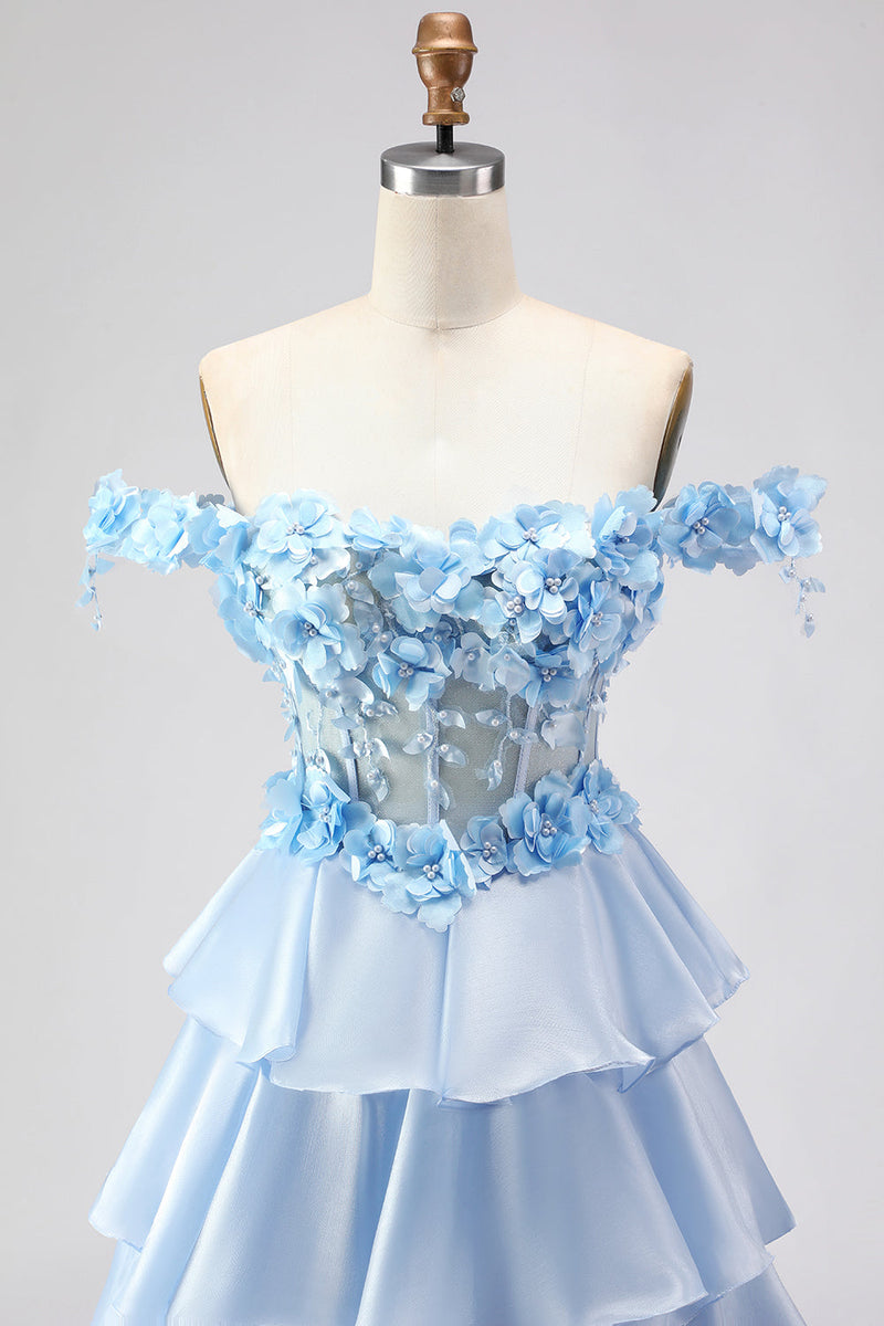 Load image into Gallery viewer, Light Blue Floral Off the Shoulder A-Line Long Prom Dress with Ruffles
