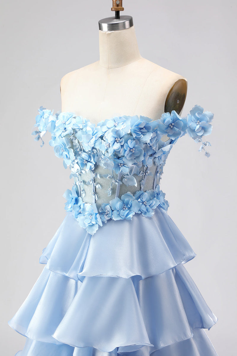 Load image into Gallery viewer, Light Blue Floral Off the Shoulder A-Line Long Prom Dress with Ruffles