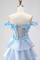 Load image into Gallery viewer, Light Blue Floral Off the Shoulder A-Line Long Prom Dress with Ruffles