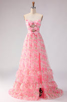 Load image into Gallery viewer, Pink A Line Strapless Floral Ruffled Long Prom Dress with Bows