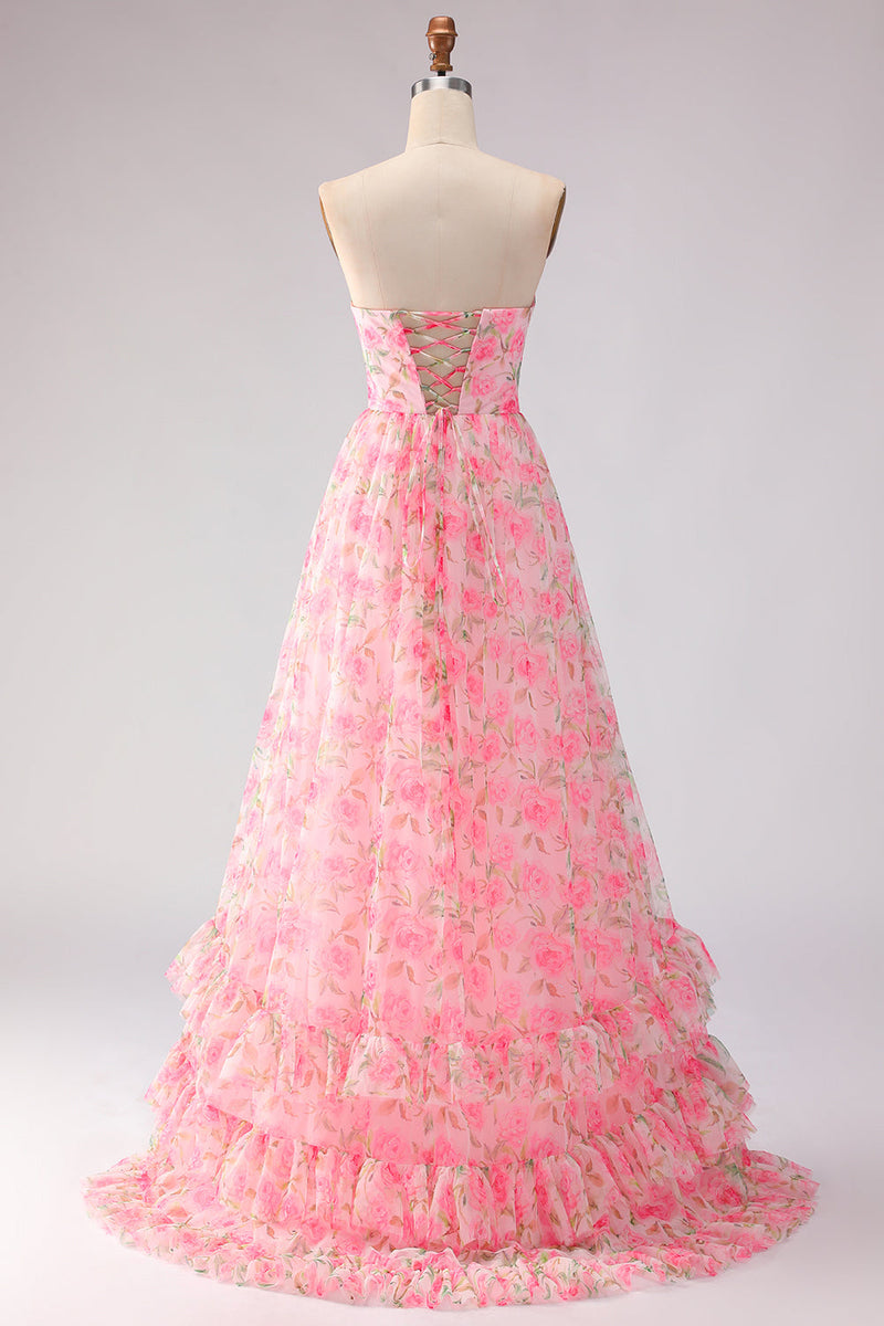 Load image into Gallery viewer, Pink A Line Strapless Floral Ruffled Long Prom Dress with Bows