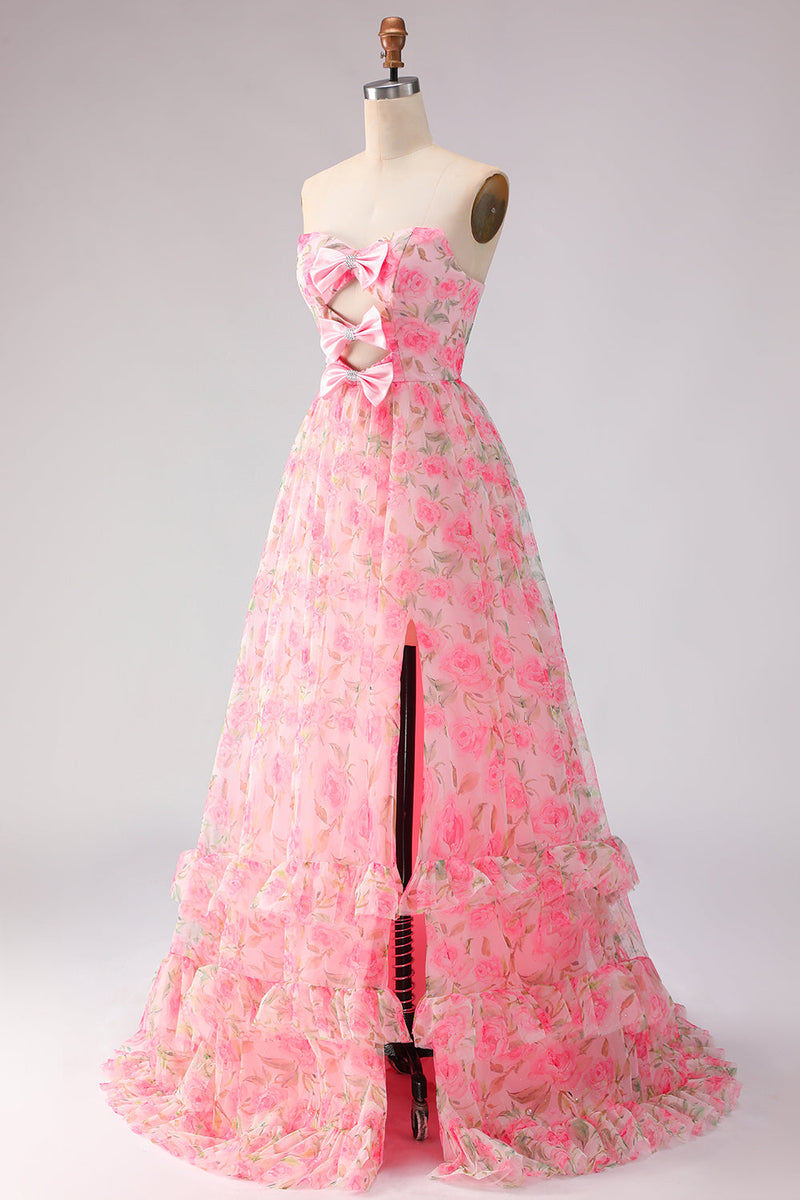 Load image into Gallery viewer, Pink A Line Strapless Floral Ruffled Long Prom Dress with Bows