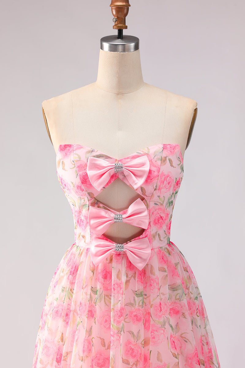 Load image into Gallery viewer, Pink A Line Strapless Floral Ruffled Long Prom Dress with Bows