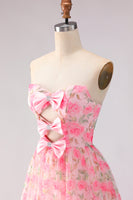 Load image into Gallery viewer, Pink A Line Strapless Floral Ruffled Long Prom Dress with Bows