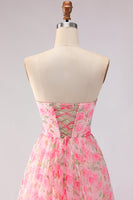 Load image into Gallery viewer, Pink A Line Strapless Floral Ruffled Long Prom Dress with Bows