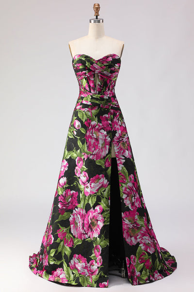 Black A-Line Floral Jacquard Sweetheart Long Corset Prom Dress with Slit