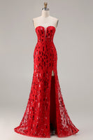 Load image into Gallery viewer, Sparkly Red Sequin Strapless Mermaid Long Prom Dress with Slit