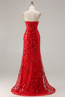 Load image into Gallery viewer, Sparkly Red Sequin Strapless Mermaid Long Prom Dress with Slit