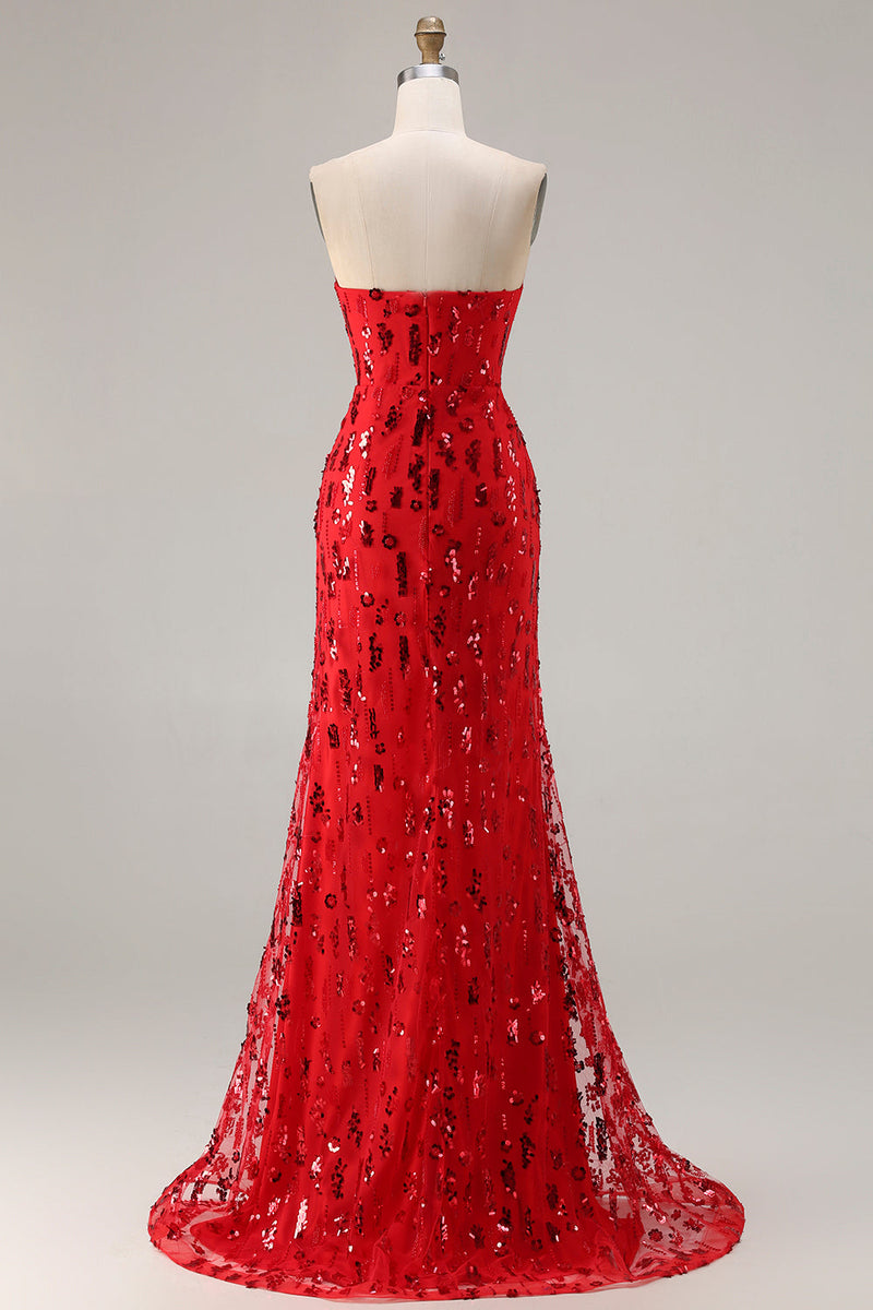 Load image into Gallery viewer, Sparkly Red Sequin Strapless Mermaid Long Prom Dress with Slit