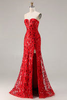 Load image into Gallery viewer, Sparkly Red Sequin Strapless Mermaid Long Prom Dress with Slit