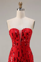 Load image into Gallery viewer, Sparkly Red Sequin Strapless Mermaid Long Prom Dress with Slit