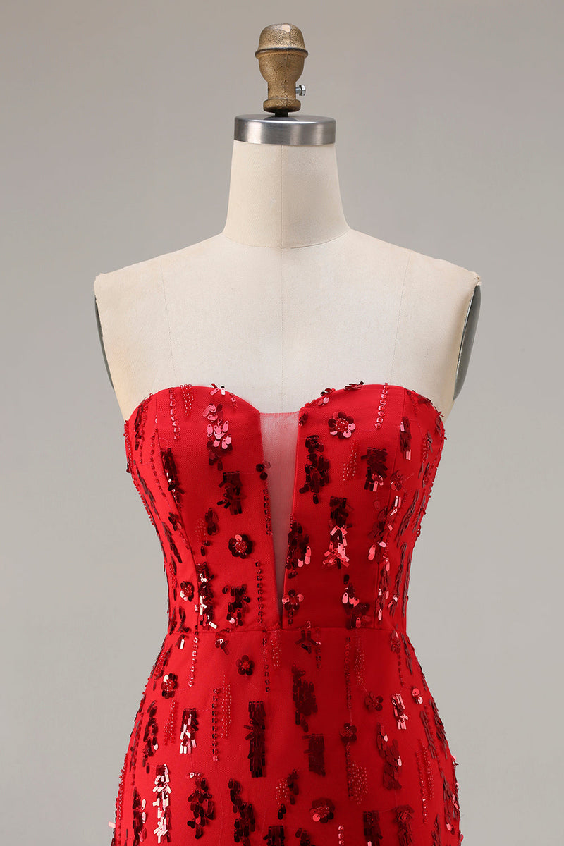 Load image into Gallery viewer, Sparkly Red Sequin Strapless Mermaid Long Prom Dress with Slit