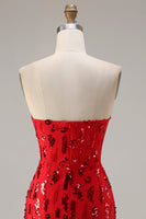 Load image into Gallery viewer, Sparkly Red Sequin Strapless Mermaid Long Prom Dress with Slit