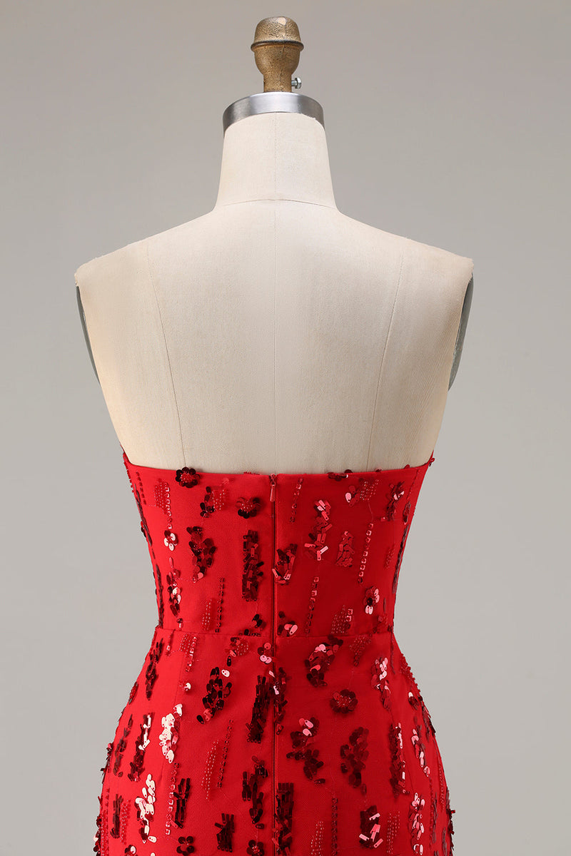 Load image into Gallery viewer, Sparkly Red Sequin Strapless Mermaid Long Prom Dress with Slit