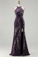 Load image into Gallery viewer, Sparkly Grape Mermaid Floral Beaded Long Prom Dress with Slit