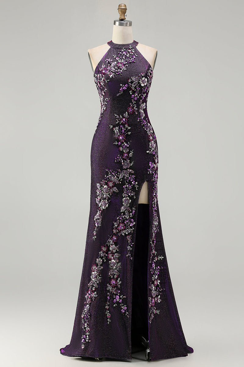 Load image into Gallery viewer, Sparkly Grape Mermaid Floral Beaded Long Prom Dress with Slit