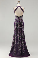 Load image into Gallery viewer, Sparkly Grape Mermaid Floral Beaded Long Prom Dress with Slit