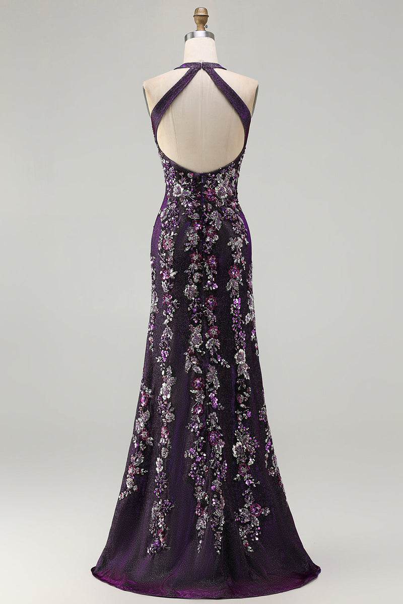 Load image into Gallery viewer, Sparkly Grape Mermaid Floral Beaded Long Prom Dress with Slit