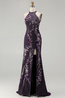 Load image into Gallery viewer, Sparkly Grape Mermaid Floral Beaded Long Prom Dress with Slit