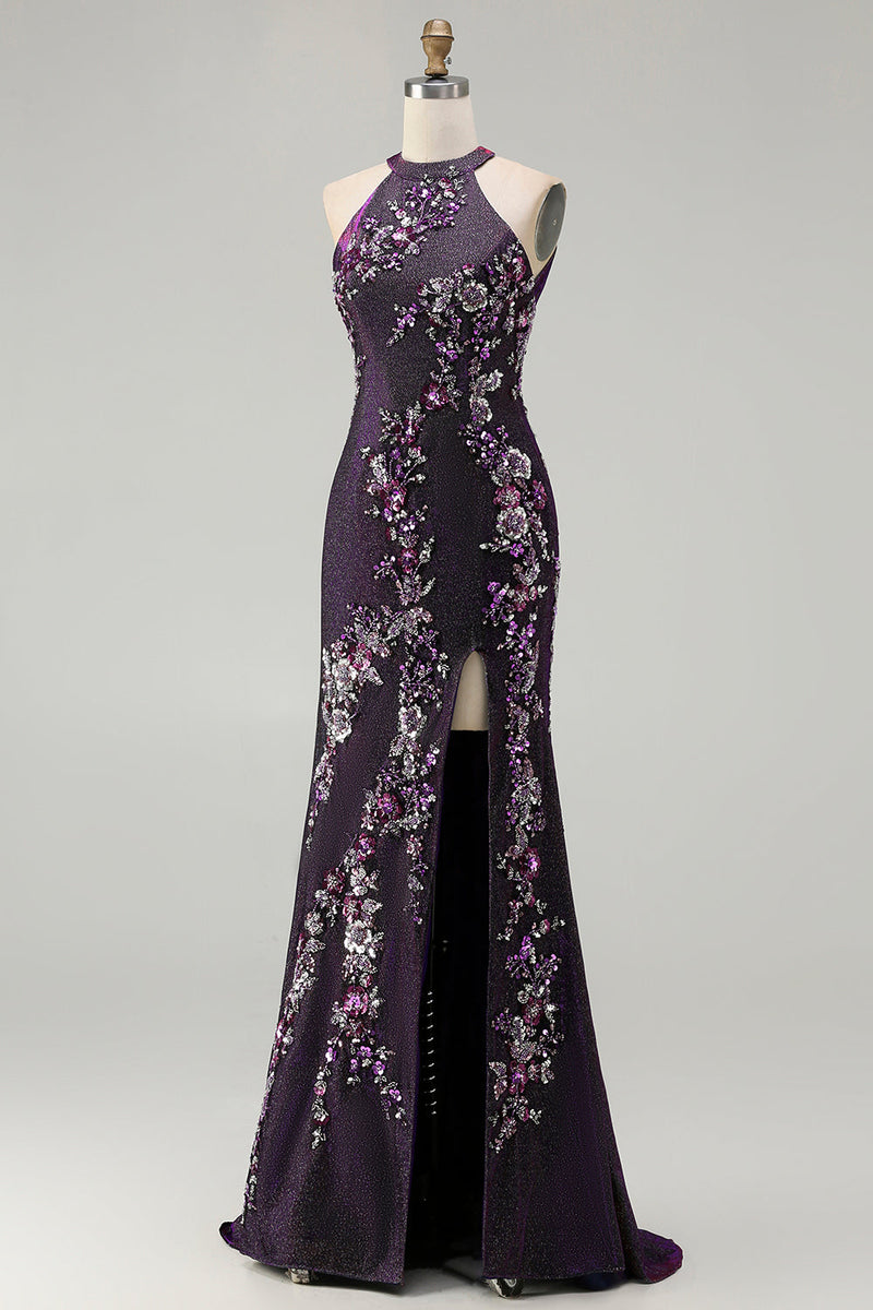Load image into Gallery viewer, Sparkly Grape Mermaid Floral Beaded Long Prom Dress with Slit