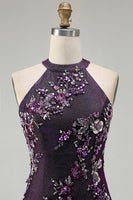 Load image into Gallery viewer, Sparkly Grape Mermaid Floral Beaded Long Prom Dress with Slit