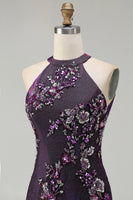 Load image into Gallery viewer, Sparkly Grape Mermaid Floral Beaded Long Prom Dress with Slit