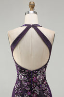 Load image into Gallery viewer, Sparkly Grape Mermaid Floral Beaded Long Prom Dress with Slit