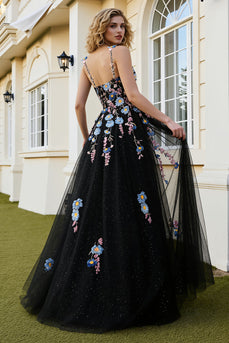 Sparkly Black Tulle Floral Spaghetti Straps Long Prom Dress with Beading