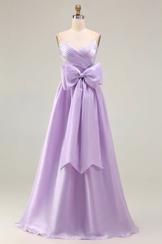 Lilac A Line Spaghetti Straps Long Prom Dress with Bow