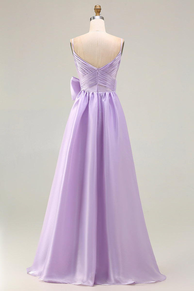 Load image into Gallery viewer, Lilac A Line Spaghetti Straps Long Prom Dress with Bow