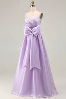 Load image into Gallery viewer, Lilac A Line Spaghetti Straps Long Prom Dress with Bow