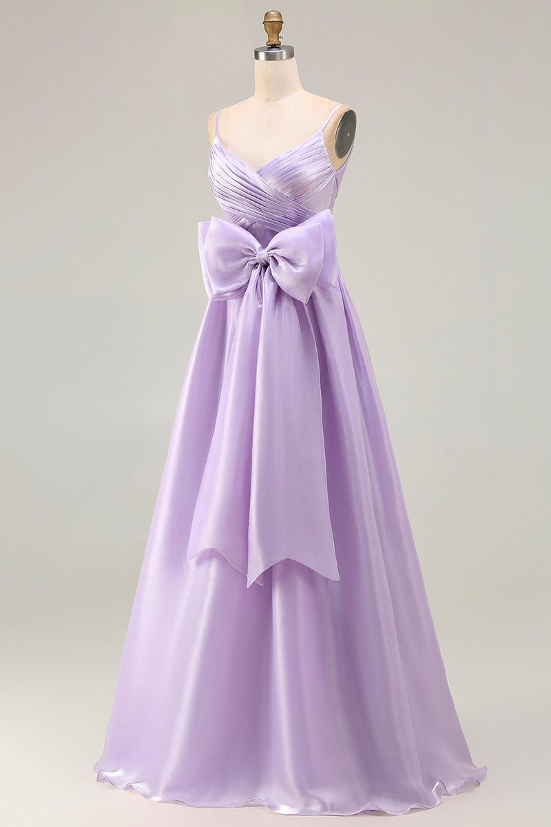 Load image into Gallery viewer, Lilac A Line Spaghetti Straps Long Prom Dress with Bow