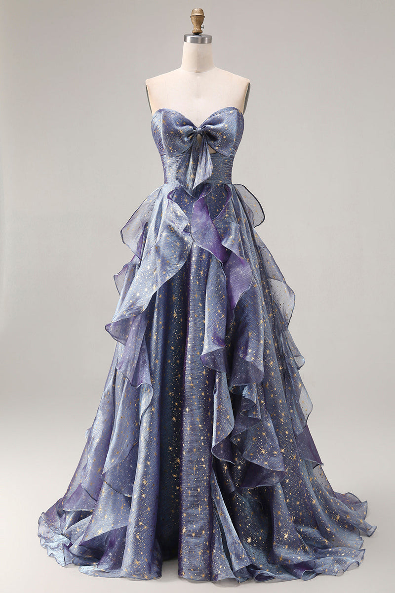 Load image into Gallery viewer, Glitter Dusty Blue A Line Long Ruffled Prom Dress with Bow