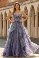 Load image into Gallery viewer, Glitter Plus Size Ruffled Dusty Blue A Line Long Prom Dress with Bow