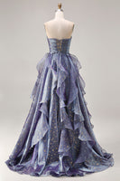 Load image into Gallery viewer, Glitter Dusty Blue A Line Long Ruffled Prom Dress with Bow