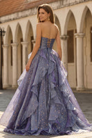 Load image into Gallery viewer, Glitter Plus Size Ruffled Dusty Blue A Line Long Prom Dress with Bow