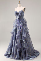 Load image into Gallery viewer, Glitter Dusty Blue A Line Long Ruffled Prom Dress with Bow