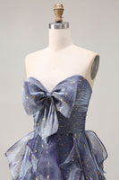 Load image into Gallery viewer, Glitter Dusty Blue A Line Long Ruffled Prom Dress with Bow
