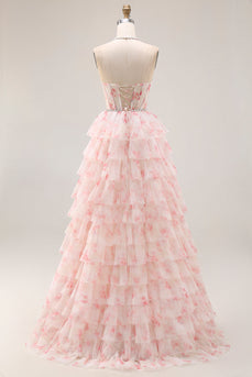 Candy Pink Tiered Beaded A Line Long Corset Prom Dress