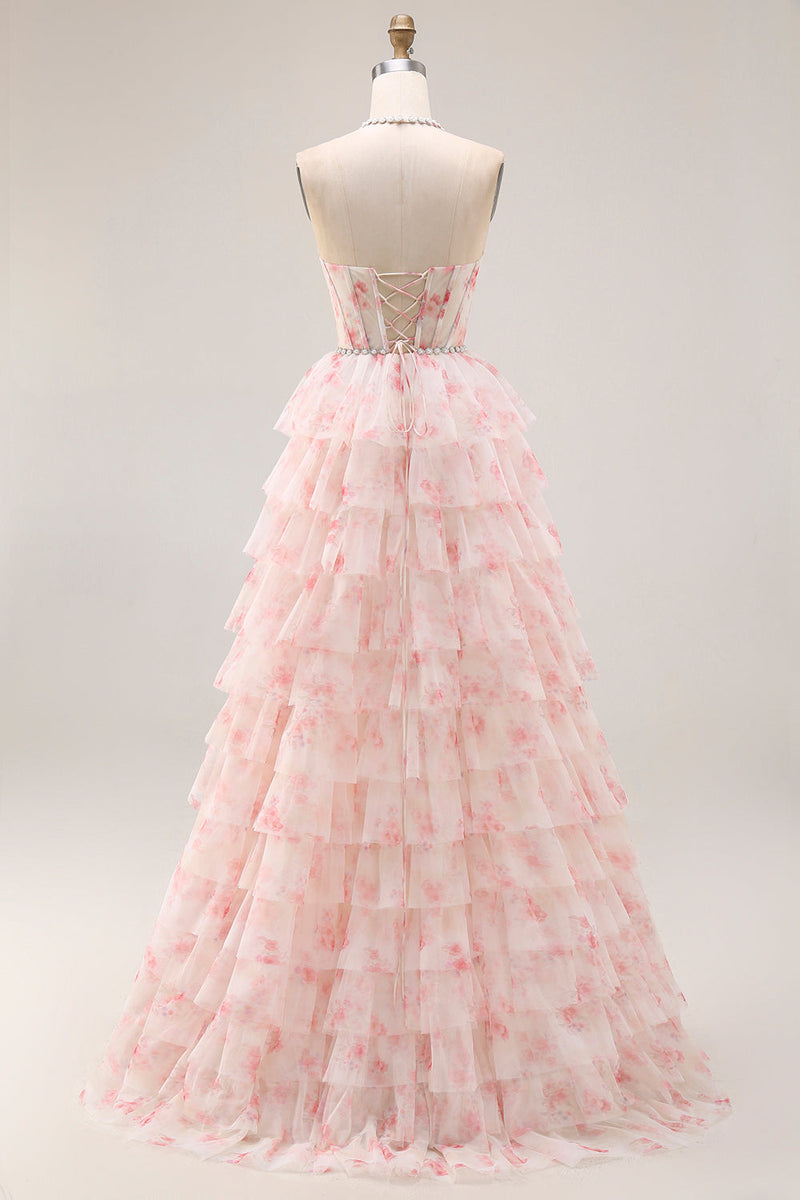 Load image into Gallery viewer, Candy Pink Tiered Beaded A Line Long Corset Prom Dress