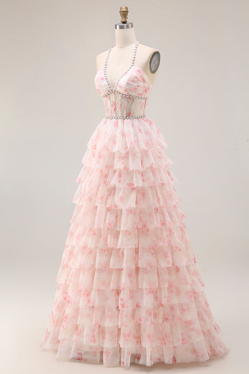 Load image into Gallery viewer, Candy Pink Tiered Beaded A Line Long Corset Prom Dress