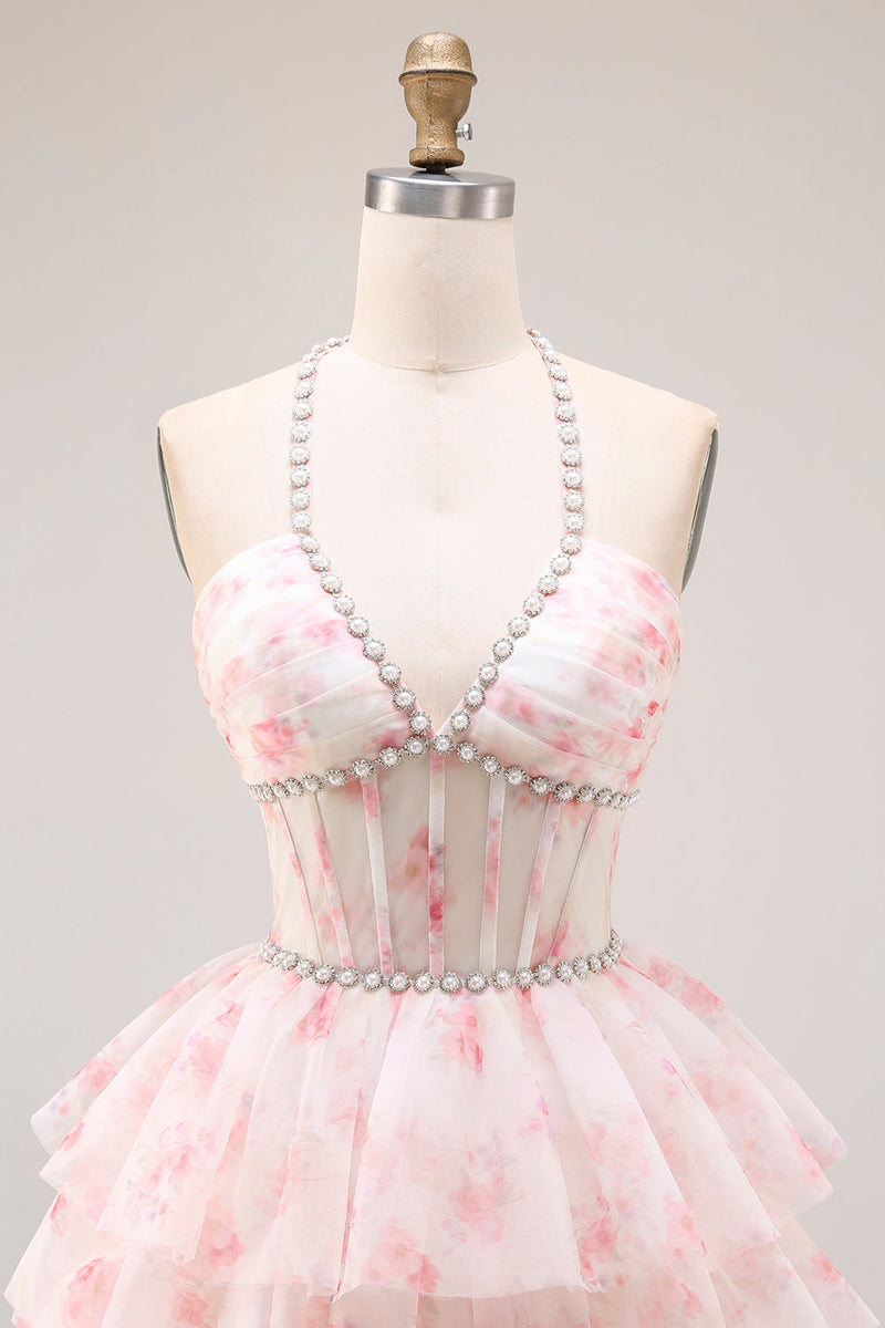 Load image into Gallery viewer, Candy Pink Tiered Beaded A Line Long Corset Prom Dress