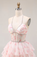 Load image into Gallery viewer, Candy Pink Tiered Beaded A Line Long Corset Prom Dress